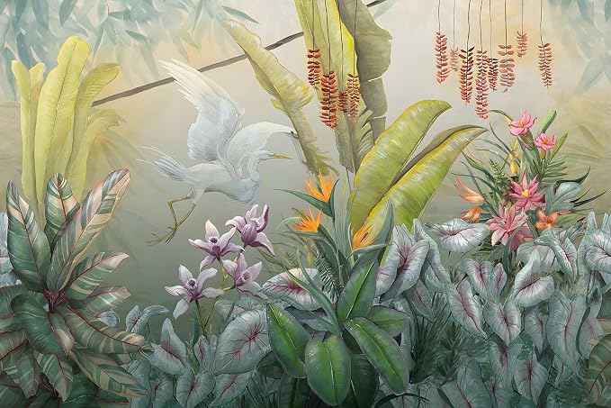 Toolhom Hand-Painted Colorful Leaves wall Mural | 170"x108" non-self-adhesive white cranes playful leaves wallpaper, wall decorations