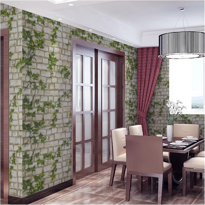 Peel and Stick Wallpaper Brick Wall Paper Green leaves3D BrickStone Self Adhesive Removable Contact Paper Brick Textured Vintage Wallpaper Decorative Wall Classroom Covering15.7 x118