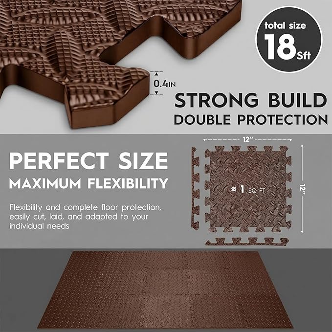 18 Tiles Puzzle Exercise Mat, EVA Interlocking Foam Floor Tiles, Non-Slip, Protective, Water-Resistant Flooring for Home Gym & Workout Equipment, 12.6" x 12.6" x 0.4", 18 Sq Ft