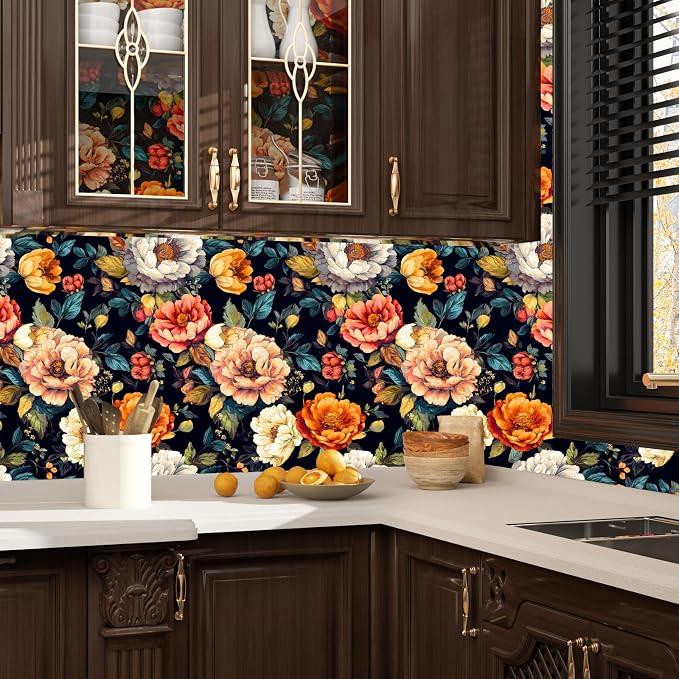 BOKEBEVE Floral Wallpaper Peel and Stick Boho Colorful Black 17.5 x 393.5In | Extra Long Removable Renter Friendly Vintage Floral Wall Paper for Bedroom Bathroom Cabinet Drawer Feature Accent Wall