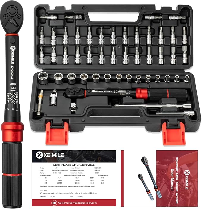51Pc 1/4"Drive Torque Wrench Set 20-260In.Lb for Bicycle Motorcycle | Inch Pound Click Bike Torque Wrench(2.3-29.4Nm),72T Dual Direction 3% Precision,Small Torque for Car,Lug Nut,Gunsmithing DIY