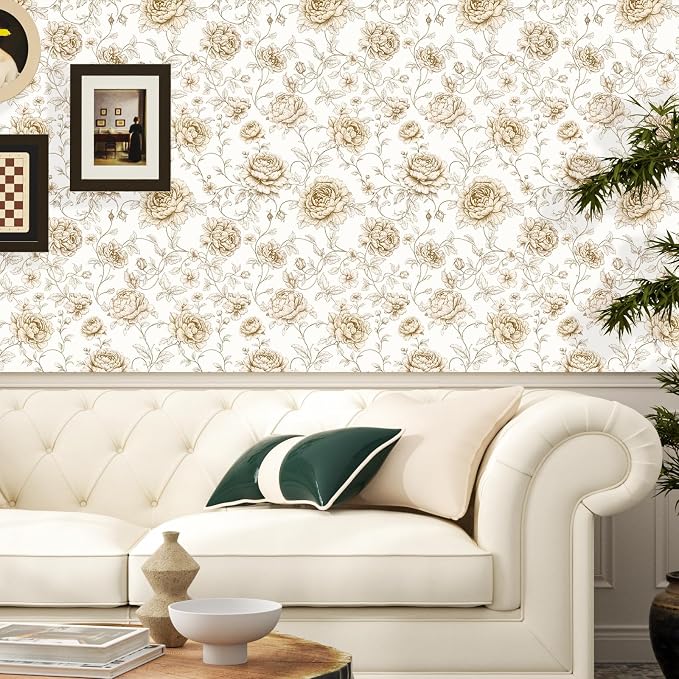 ILHIIOR Beige Floral Peel and Stick Wallpaper Boho Leaf Contact Paper White Flower Removable Self Adhesive Waterproof Wall Paper for Cabinet Drawers Wall Decor Renter Friendly 17.5''x118''