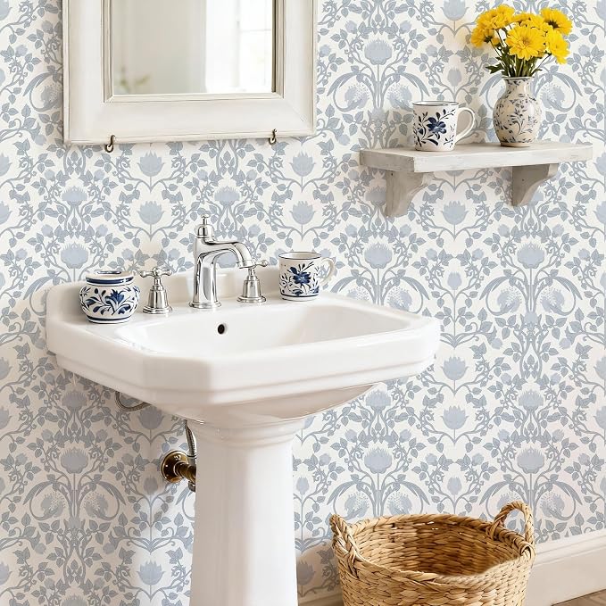YXTII 17.3" × 393.7" Blue Floral Peel and Stick Wallpaper, Damask Vintage Wallpaper for Bedroom Bathroom Self Adhesive Removable