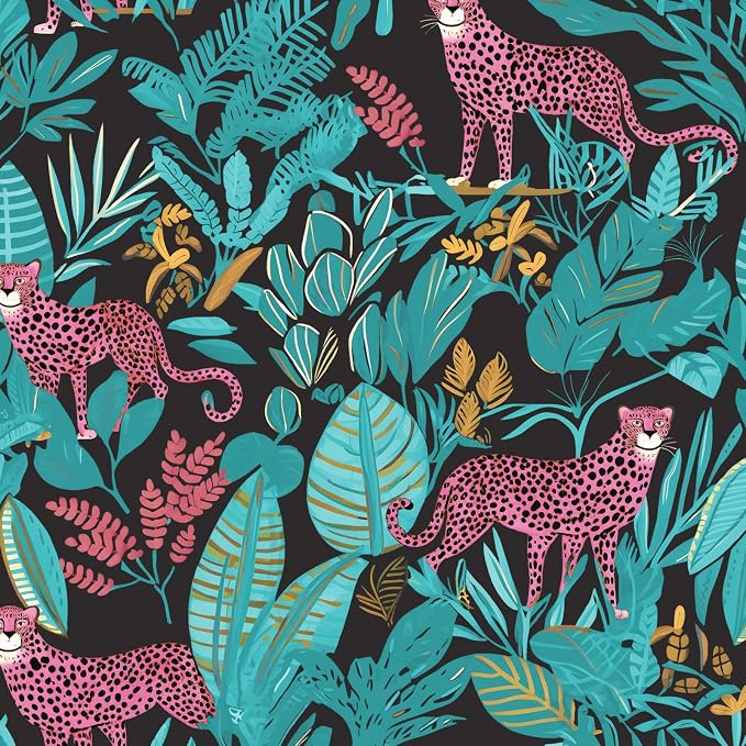 Blue Pink Vintage Leopard Peel and Stick Wallpaper 17.5" x 118" | Waterproof Vinyl Self Adhesive Removable Renter Friendly Floral Contact Paper