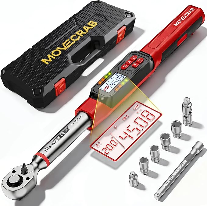 3/8" Digital Angle Torque Wrench, 2-44 Ft.lb, ±2% Accuracy, 8pcs | Electronic Torque Wrench with 0.1° Angle Mode, LED Display, Buzzer Alerts for Automotive, Motorcycle & Engine Repair