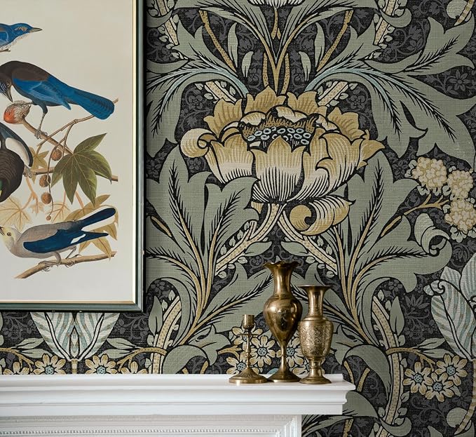 NextWall Acanthus Floral Peel and Stick Wallpaper (Charocal & Goldenrod)