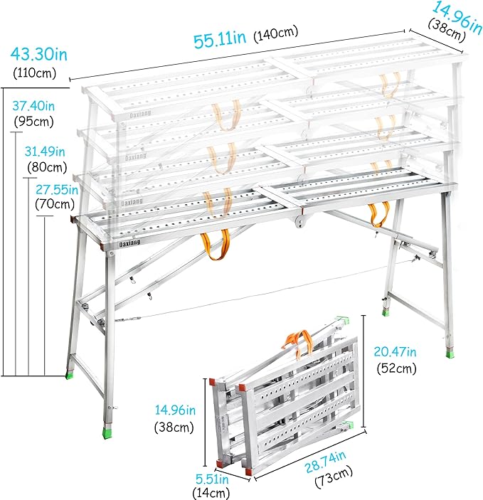 Daxiang Portable Scaffolding Platform 55(L) x15(W) x27-43(H)'' Work Platform Adjustable Height Steel 600 LBS Load Capacity Folding Step Ladder Drywall Painting Stool