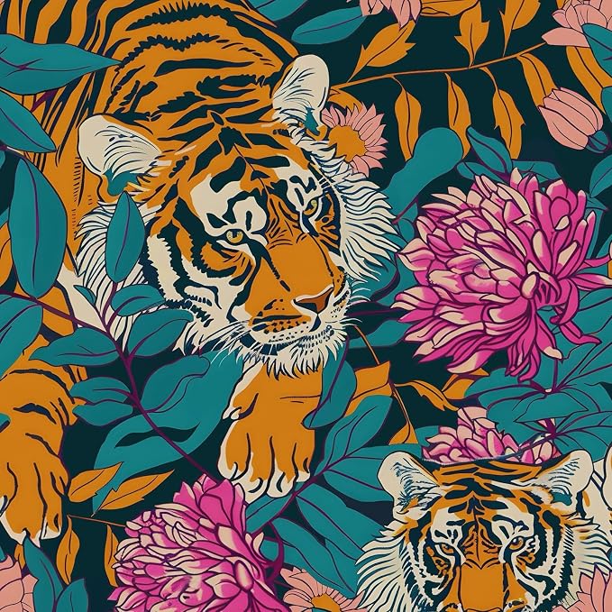 BOKEBEVE Tiger Floral Wallpaper Peel and Stick Vintage Orange 17.5 x 787In | Super Long Removable Renter Friendly Jungle Tiger Wall Paper for Bedroom Bathroom Living Room Feature Accent Wall