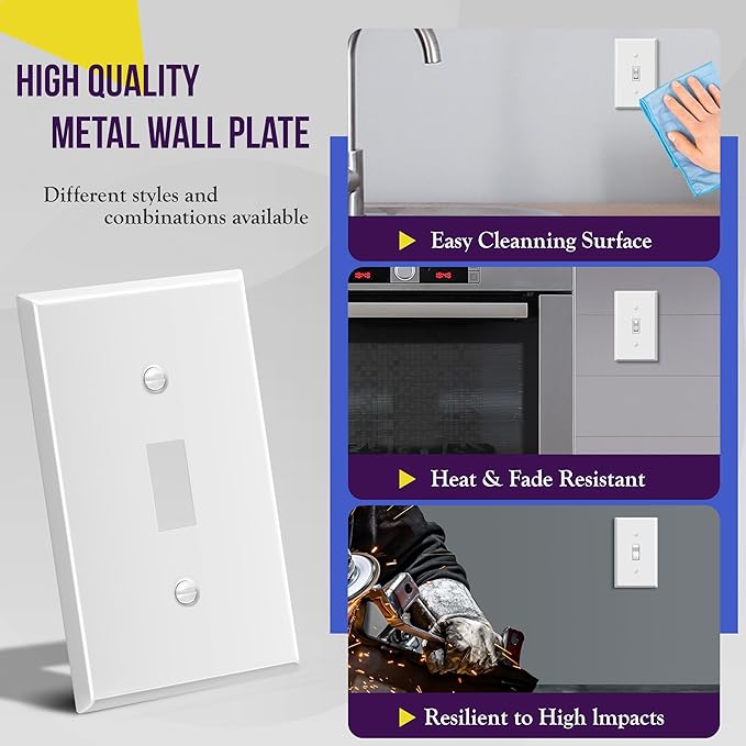 ENERLITES Toggle Light Switch Metal Cover Plate, Wall Plate, Corrosion Resistant, Standard Size 1-Gang 4.50" x 2.76", Powder Coated Stamped Steel, 7711-WM, White Matte