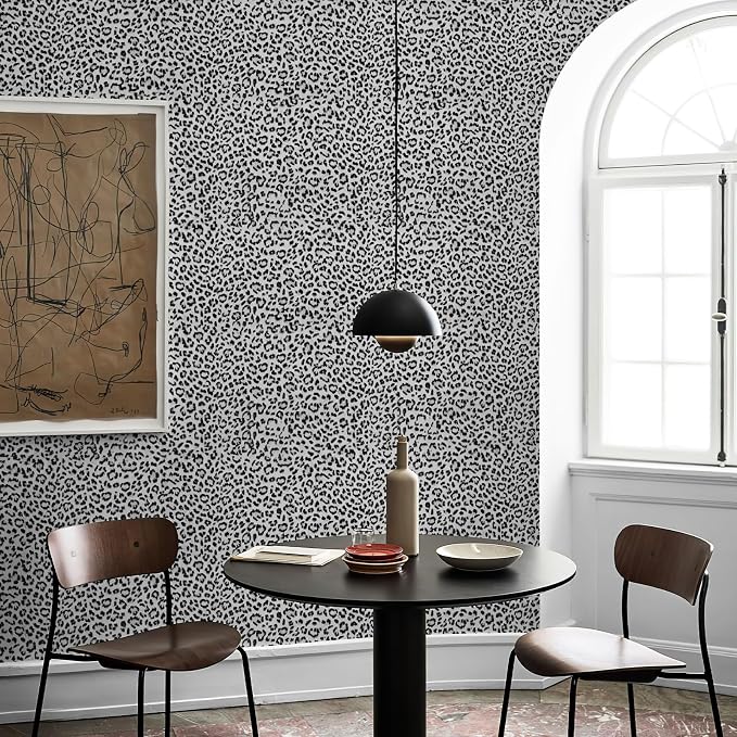 Leopard Print Peel and Stick Wallpaper, Waterproof Removable Self Adhesive Textured Wall Paper, Black and White Unique Funky Cheetah Contact Paper for Bedroom and Bathroom 480"X17.3"(57.6 sq. ft)