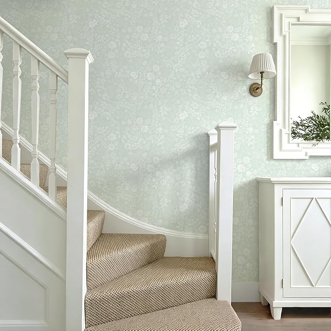 Guvana Sage Green and White Peel and Stick Wallpaper Floral Wallpaper Slef Adhesive Removable Waterproof Contact Paper Boho Wall Paper for Living Room Bathroom Bedroom Kitchen 17.3''x78.7''