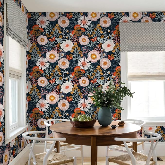 Dimoon Boho Wallpaper Peel and Stick Wallpaper Floral Retro Contact Paper 17.3''x197'' Dark Blue Vintage Bohemian Removable Wall Paper Renter Friendly Waterproof Wall Mural for Bedroom Bathroom Vinyl