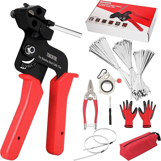 Stainless Steel Cable Tie Gun Set – Heavy Duty Metal Zip Tie Tool Kit with 150PCS Self-Locking Ties, Adjustable Fastening & Cutting Tool for Outdoor Fencing, Exhaust Pipes(Red)
