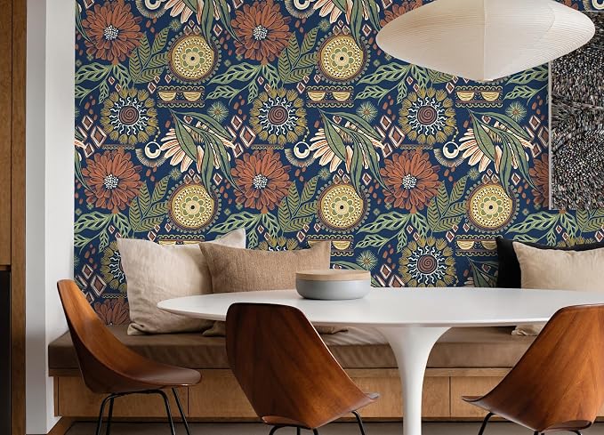 HAOKHOME Peel and Stick Wallpaper Boho Retro Floral Wall Paper Navy Orange Oliva for Bedroom Kitchen Accent Wall 17.3in x 32.8ft