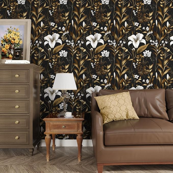 Vintage Dark Black Golden Floral Peel and Stick Wallpaper 17.5"x787" | Self Adhesive/Removable/Waterproof/Thick Vinyl Extra Long Contact Paper for Bathroom Bedroom Shelf Cabinet Drawer,Prepasted