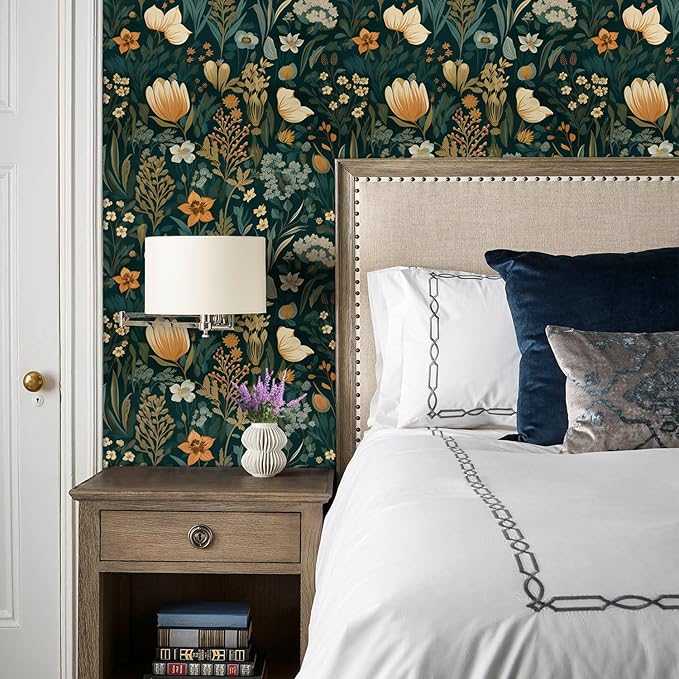 Orainege Vintage Floral Peel and Stick Wallpaper Boho Floral Contact Paper 17.3inx393.7in Flower Self Adhesive Wallpaper for Bedroom Removable Wall Paper Decorative