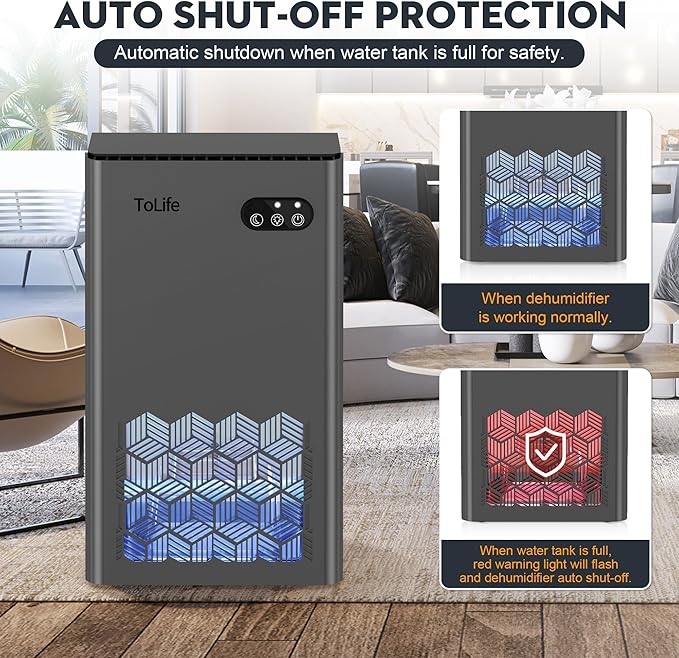 ToLife Dehumidifiers for Home, 1000 sq.ft Dehumidifier for Basement Bathroom Bedroom with 95 OZ Water Tank, Auto Shut Off 7 Colors LED Light, Grey