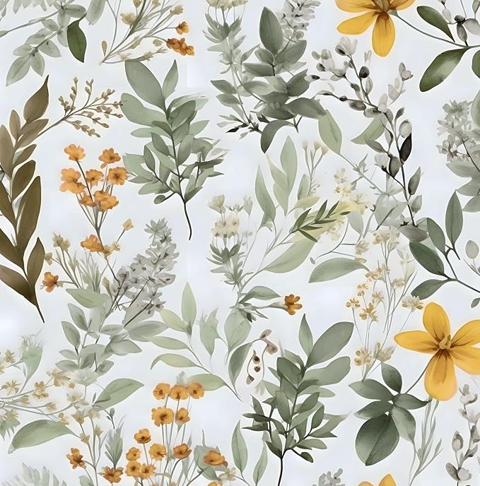 Laatse Green Leaf Wallpaper Peel and Stick, Vintage Yellow Floral Contact Paper 17.5" x 118", Self Adhesive Removable Waterproof Thick Vinyl Wall Paper for Bedroom Walls Shelf Cabinet Table Decor