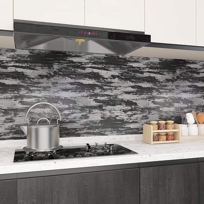 BOMENG Black Concrete Peel and Stick Industrial Wallpaper 15.7"x354" Cement Contact Paper with Air Guide Slot Design Glossy Industrial Wall Paper for Bathroom