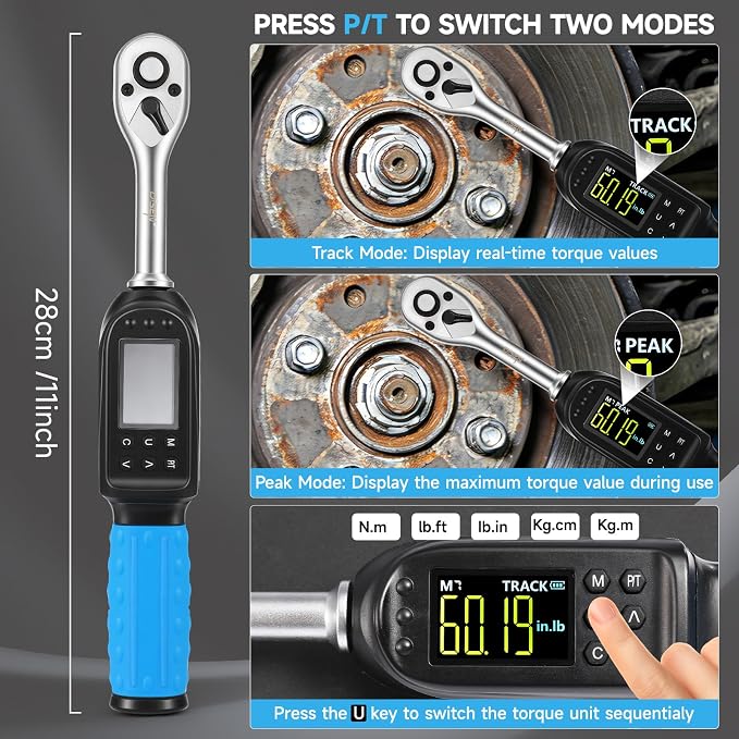 DISEN 3/8" Digital Torque Wrench Set 5-135 N.m 8 Presets 500 Memory | 3.7-99.6 Ft.lb | ±2% accuracy | 8 presets & 500 data memory | Track/Peak modes | LED/buzzer | For auto, motorcycle, bike, DIY