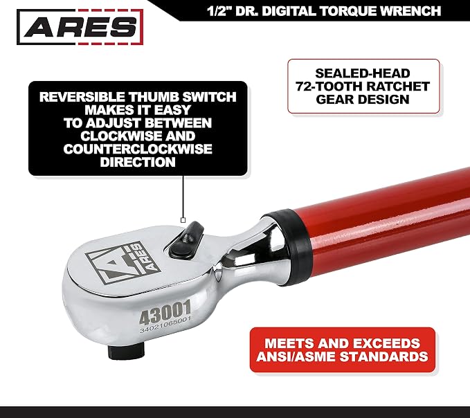 ARES 43001 1/2-Inch Drive Digital Torque Wrench | 25.1-250.8 ft-lb (30-340 Nm) Electronic Reversible Ratchet, Audio/Visual Multi-Alert, ±2% Accuracy