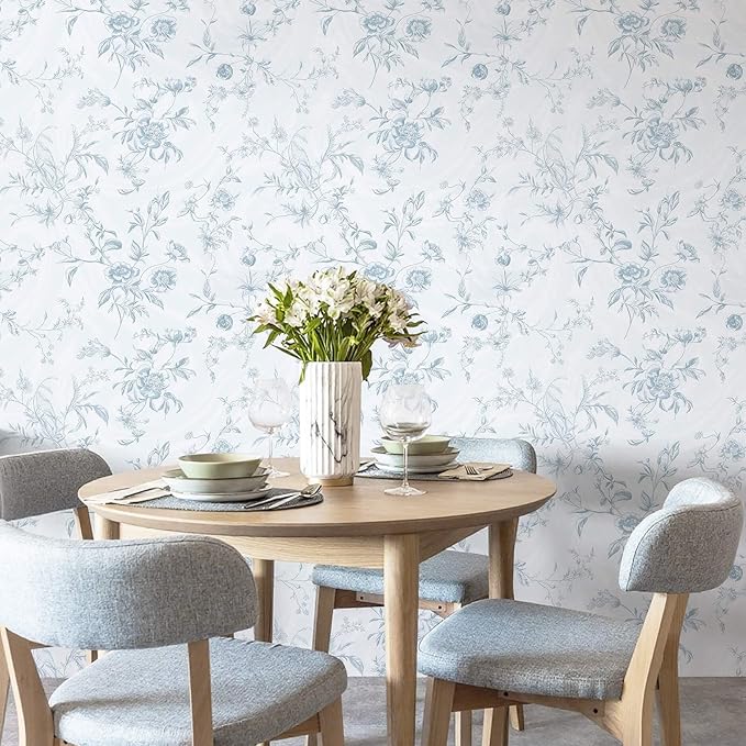 Ismoon Blue Wallpaper Peel and Stick Floral Vintage Stick on Wall Paper French Textured Contact Paper for Cabinet Removable Self Adhesive Wallpaper Vinyl Roll Shelf Deco, 17.3x787in
