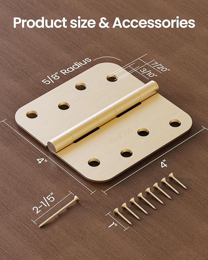 4" X 4" Satin Brass Door Hinges – 12 Pack Satin Gold Brushed Brass Door Hinges with 5/8" Radius, Rounded Interior & Heavy Duty Front Door Hinge for Home, Gate, Furniture, Residential Use