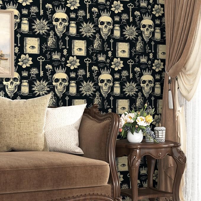 Gothic Black Beige Skull Floral Wallpaper Peel and Stick 17.5"x118" | Self Adhesive/Removable/Waterproof/Thick Vinyl Vintage Contact Paper for Bathroom Bedroom Shelf Cabinet Drawer,Prepasted
