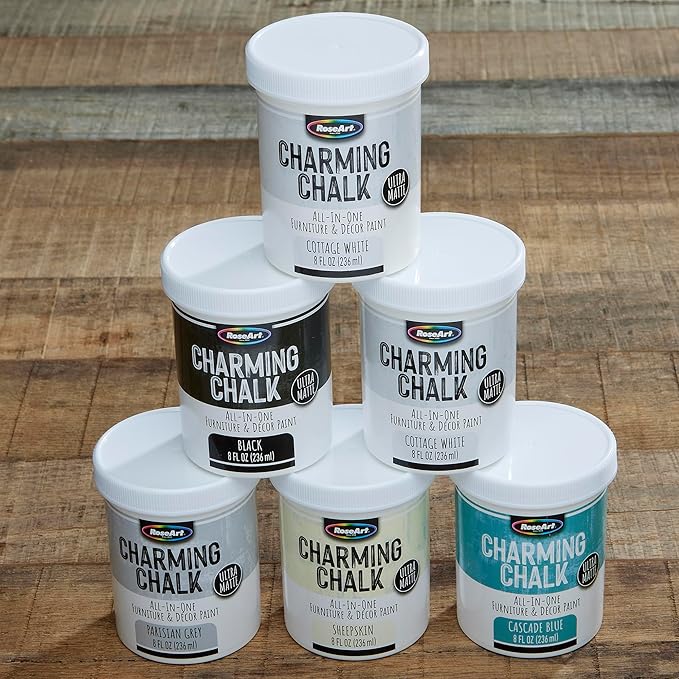 Charming Chalk All-In-One Furniture & Décor Paint - 6pc Set of Ultra Matte Chalk Finish Paint - 1 8oz jar each of Black, Cascade Blue, Parisian Grey, Sheepskin Cream and 2 jars of Cottage White