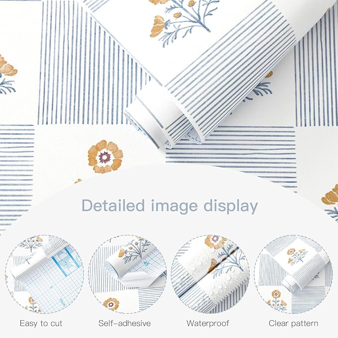 Guvana Blue Floral Peel and Stick Wallpaper Vintage Floral Wallpaper Boho Wall Paper Removable Modern Contact Paper Vinyl Self Adhesive for Bedroom Bathroom Kitchen Livingroom Covering 17.3" x 78.7"