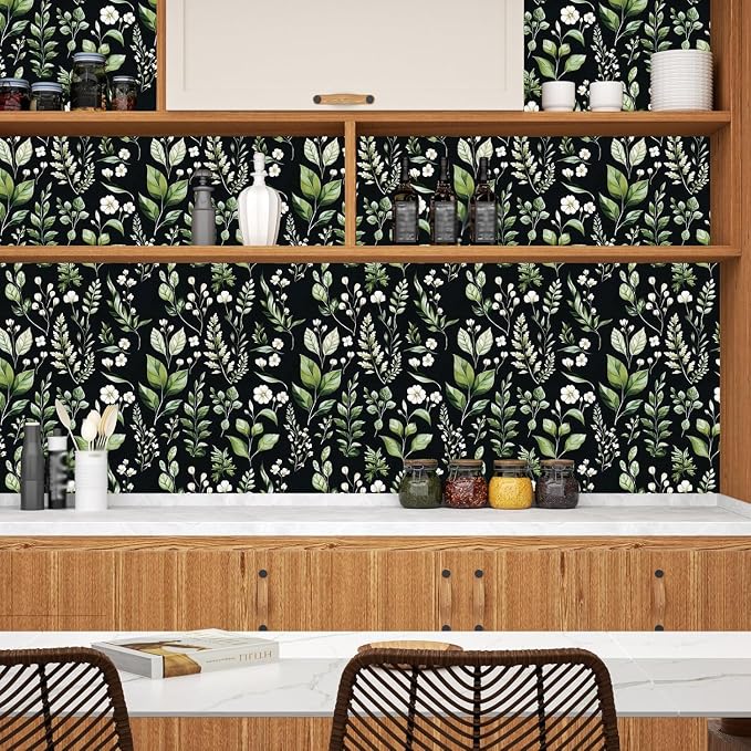 Danodoi Black Green Vintage Leaf Peel and Stick Wallpaper 17.5" x 393" | Waterproof Vinyl Self Adhesive Removable Renter Friendly Floral Contact Paper