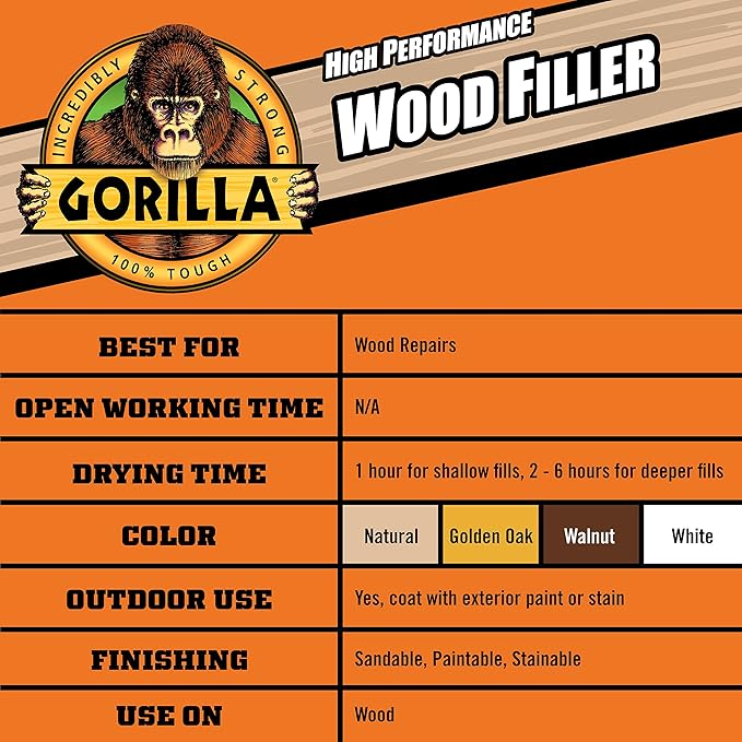 Gorilla All Purpose Wood Filler, White Wood Filler, 6 Ounce Tube (Pack of 6) - Water Resistant for Indoor or Outdoor Projects and Repairs