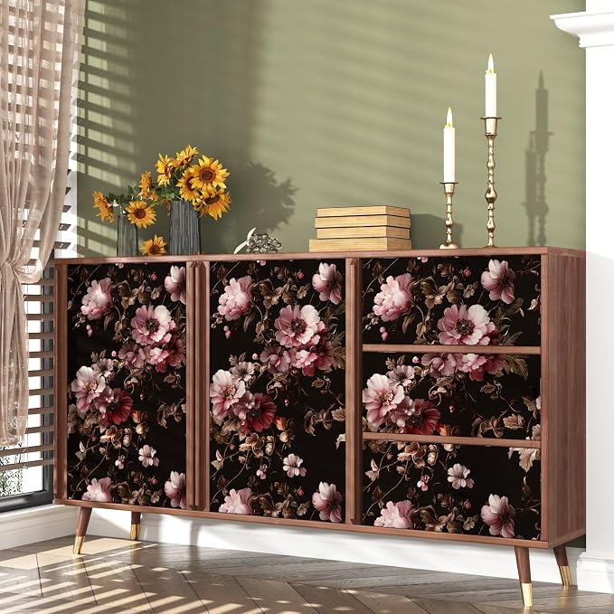 Dark Floral Brown Wallpaper Peel and Stick17.5 × 393", Black Pink | Self Adhesive/Removable/Waterproof/Thick Vinyl Contact Paper for Bathroom Bedroom Shelf Cabinet Drawer,Prepasted,Easy Peel