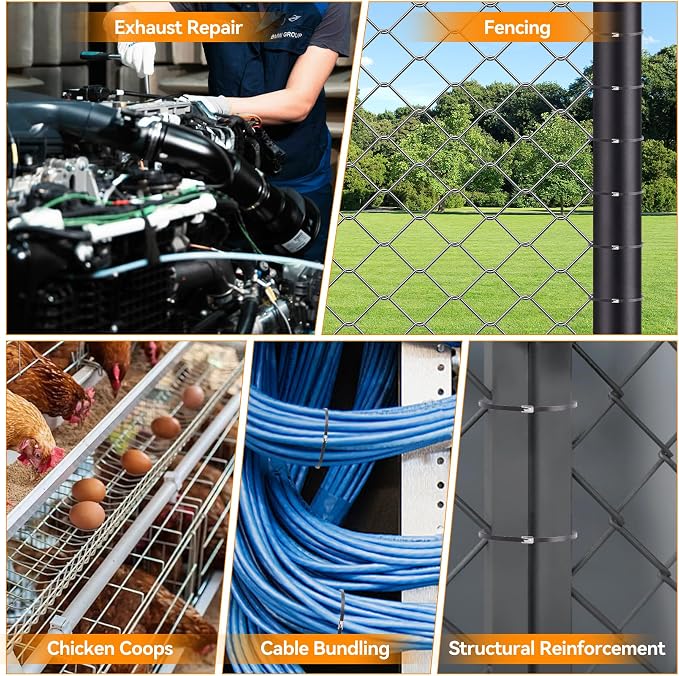 Metal Zip Ties Gun Tool Set,Upgraded Stainless Steel Cable Tie Gun with 200pcs Uv Resistant Black Heavy Steel Cable Tie Heavy Duty Outdoor for Fastening & Cutting, Chain Link Fence, Exhaust Pipe