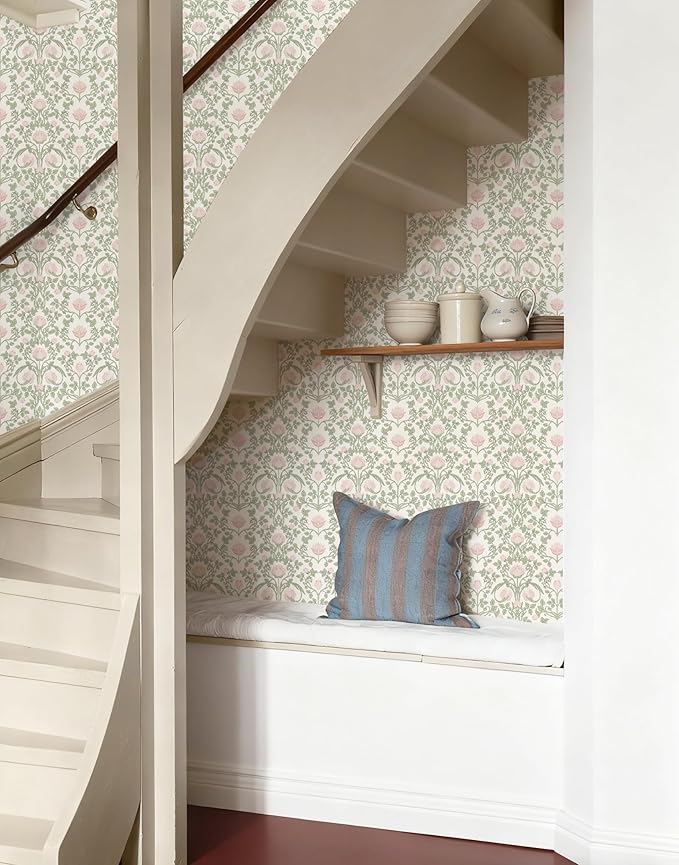 YXTII Floral Wallpaper Peel and Stick - 393.7" × 17.3" Pink and Green Wallpaper for Bedroom Decorative Self Adhesive Shelf Drawer Liner