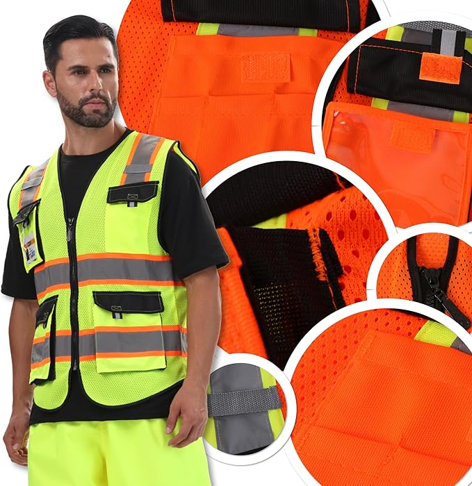JKSafety Hi Vis Reflective Safety Vests for Men Women High Visibility Vest with Pockets Mesh Fabric Construction Safety Apparel Neon Vest for Work (220-OBlack S)