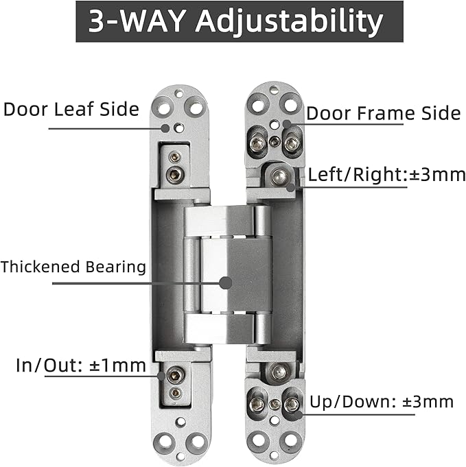 2-Pack 7 inch Silver Hidden Door Hinges,Heavy Duty Zinc Alloy Concealed Hinges, Invisible 180 Degree Swing Hinge, 3 Way Adjustable Butt Hinge