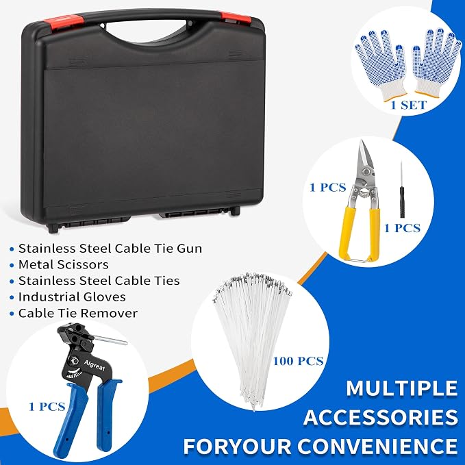 Stainless Steel Cable Tie Gun Set with Adjustable Tension Auto Cut Fastening Tool for Exhaust Pipe, Chain Link Fence, Auto Repair & Industrial Cable Binding (Extra Large 100PCS)