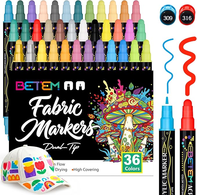 Betem 36 Colors Dual Tip Acrylic Paint Markers, Fabric Decorating Kits Premium Water-Based Acrylic Paint Pens Art Supplies for Fabric, Rock, Wood, Glass, Canvas, Ceramic, Teacher Appreciation Gift