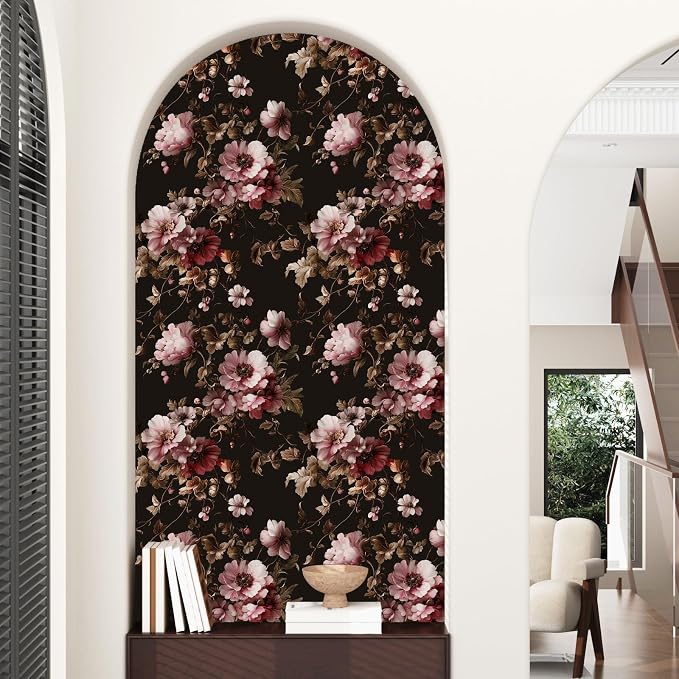 Dark Floral Brown Wallpaper Peel and Stick17.5 × 393", Black Pink | Self Adhesive/Removable/Waterproof/Thick Vinyl Contact Paper for Bathroom Bedroom Shelf Cabinet Drawer,Prepasted,Easy Peel