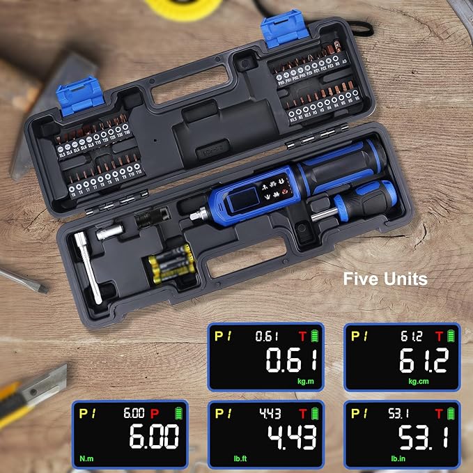 46 Pcs Digital Torque Screwdriver Set 1/4",0.8-53.2 LB.IN Adjustable Inch Pound Torque Screwdriver, Torque Wrench Screwdriver ±1% Accuracy, LCD with Buzzer & LED Alerts