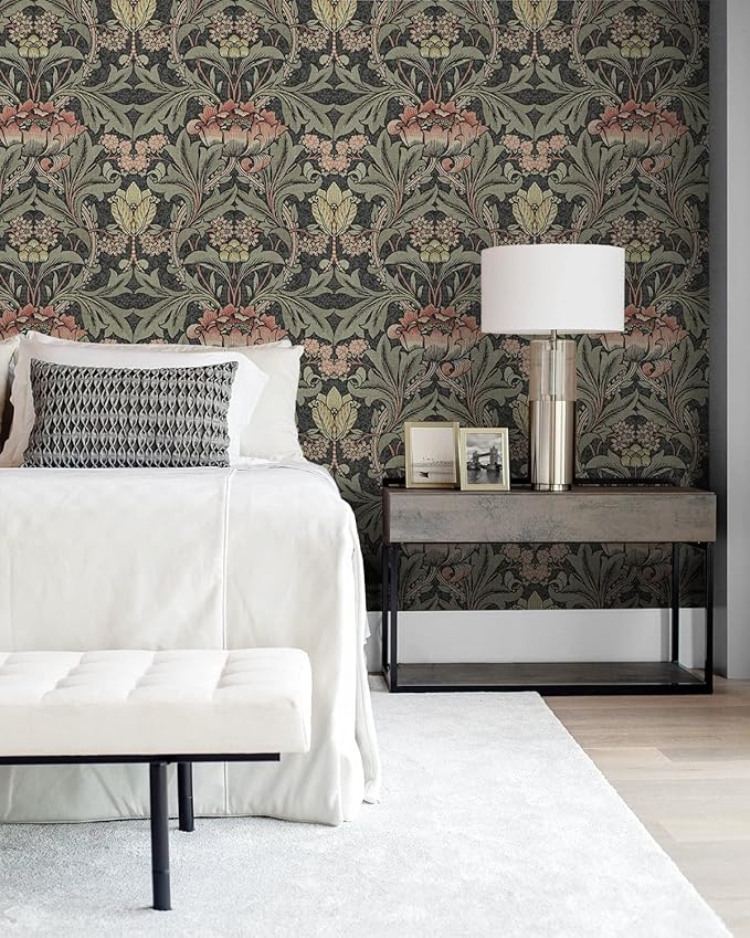 NextWall Acanthus Floral Peel and Stick Wallpaper (Charcoal & Rosewood)