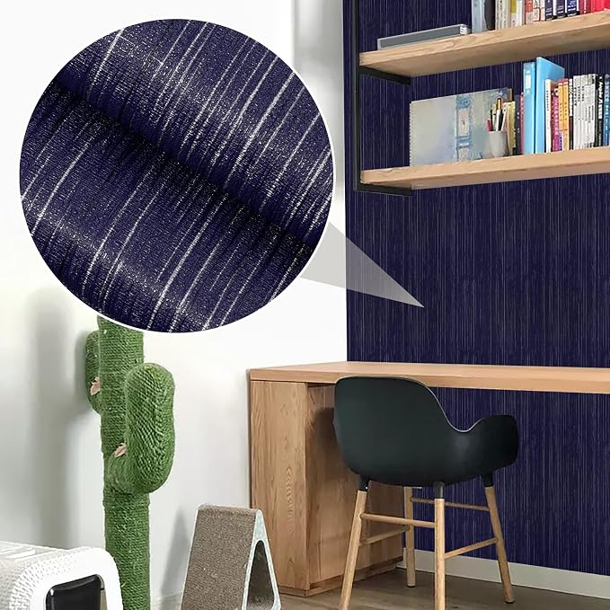 Navy Blue Grasscloth Peel and Stick Wallpaper Vintage Texture Removable Waterproof Wallpaper for Room Walls, Cabinets, Furniture, Drawers, Desk A Set of 15.7"x1200"