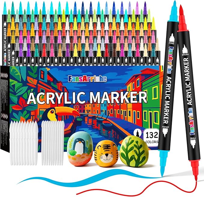 FansArriche 132 Colors Acrylic Paint Markers, Dual Tip Brush & Fine Point Permanent Markers Set for Fabric, Wood, Stone, Canvas, Rock, DIY Art Supplies Kit