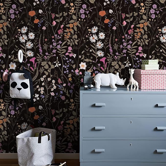 JiffDiff Floral Wallpaper Peel and Stick- Farm Wildwood Daisy Flower Stick on Wallpaper Dark Floral Self Adhesive Contact Paper (17.3" x 118", Timeless)