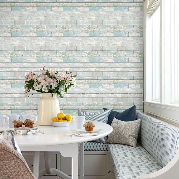 COMSTICKC Peel and Stick Faux Wood Wall Panels Shiplap Vintage Blue, 10 Pcs of 12" x 12", Not Real Wood, Thin PVC 3D Fake Wood Self-Adhesive Wall Covering Wallpaper for Interior Farmhouse Decor