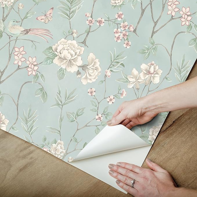 NuWallpaper Chinoiserie Garden Robins Egg Peel and Stick Wallpaper, Removable Wallpaper, 20.5 in x 18 ft