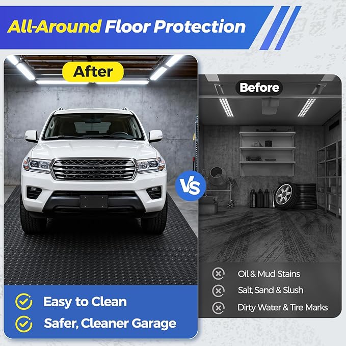 8x21 FT Garage Floor Mat, 2.8mm Thickened Garage Flooring Heavy Duty Rubber Garage Floor Mats for Under Car, Diamond Plate Garage Mat for Garage, Workshop, Enclosed Trailer