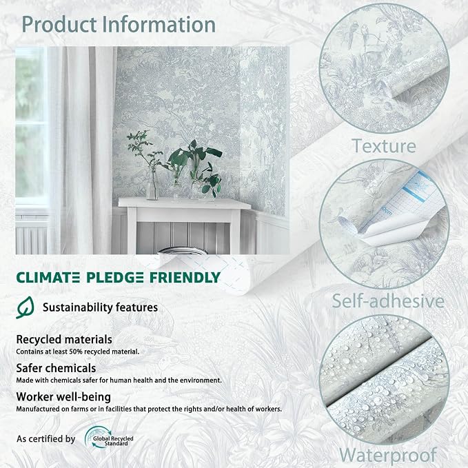 Heroad Peel and Stick Wallpaper Blue and White Vintage Forest Animals Floral Wallpaper Removable Self-Adhesive Contact Paper for Bedroom Living Room Cabinets Decoration Thicken Vinyl 17.3" x 197"
