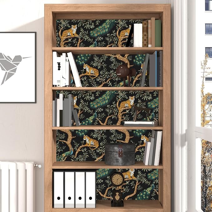 Black Vintage Peacock Tiger Peel and Stick Wallpaper 17.5" x 118" | Waterproof Vinyl Self Adhesive Removable Renter Friendly Floral Contact Paper